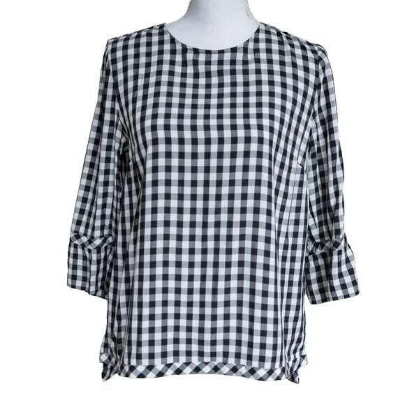 J.Jill Gingham Check Blouse Boat Neck Ruffle 3/4 Cottagecore Office Wear Blouse - Picture 1 of 8